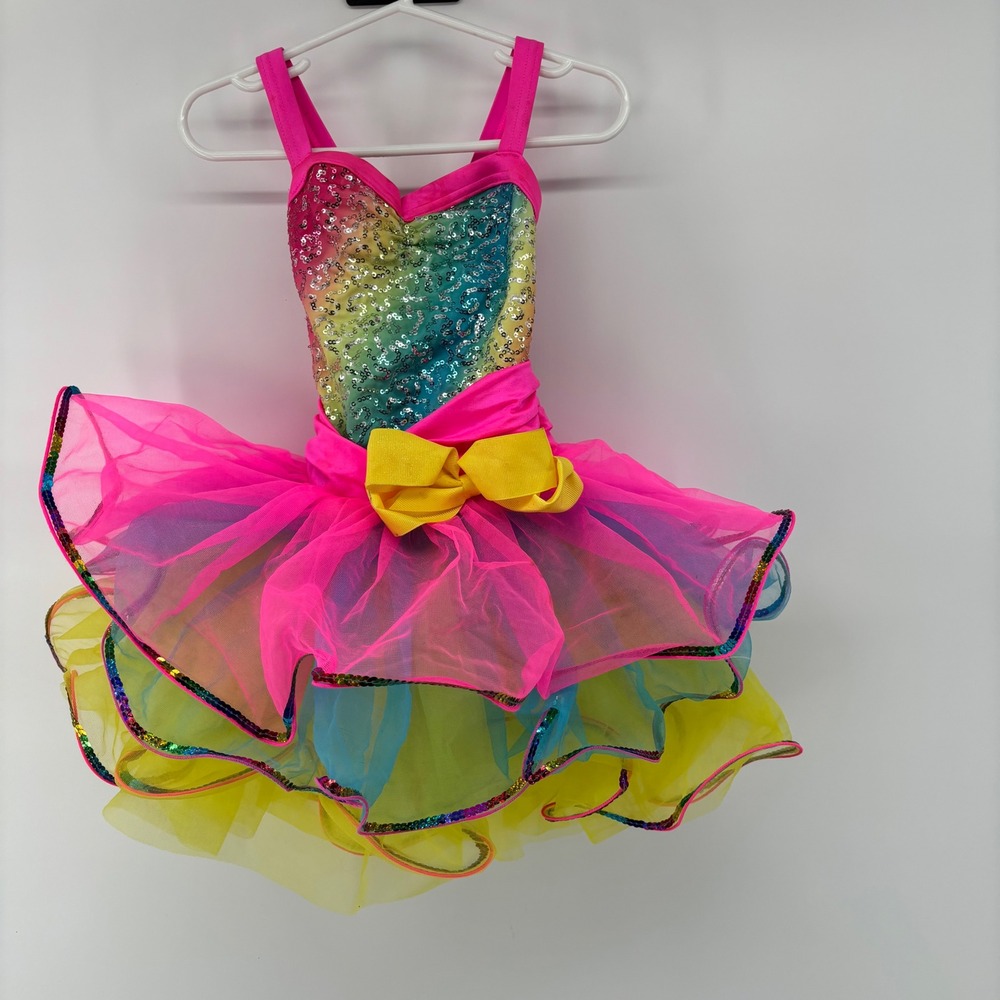 Weissman Kids Rainbow Sequin Dance Costume Tutu Leotard Neon Pink Yellow XSC
